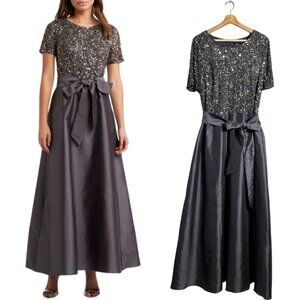 Pisarro Nights Beaded Bodice Satin Maxi Gown Women's 14 Gray Formal Wedding NWT